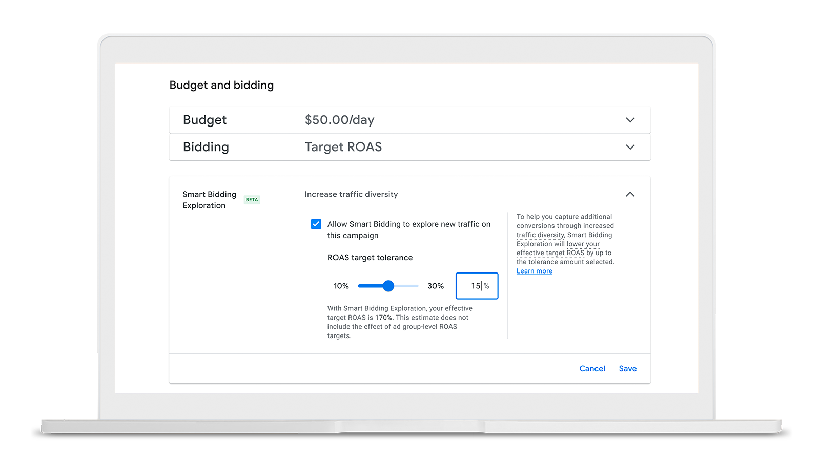 Dans l'interface d'exploration des enchères intelligentes de l'interface utilisateur de Google Ads, un titre indique ? Budget et enchères ?, suivi de menus déroulants avec 50,00 $/jour sous Budget et ROAS cible sous Enchères.